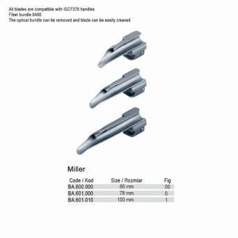 Miller Zestaw laryngoskopowy ze zintegrowanym światłowodem (rękojeść wąska + łyżki fig.00, 0, 1)