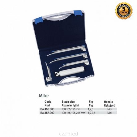 Zestaw laryngoskopowy z oświetleniem konwencjonalnym Miller z łyżkami fig.1-4 + Midi uchwyt