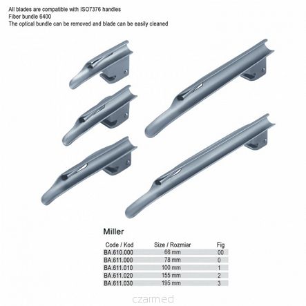 Zestaw laryngoskopowy z wymiennym światłowodem Miller z łyżkami fig.00 do 3 + Midi uchwyt