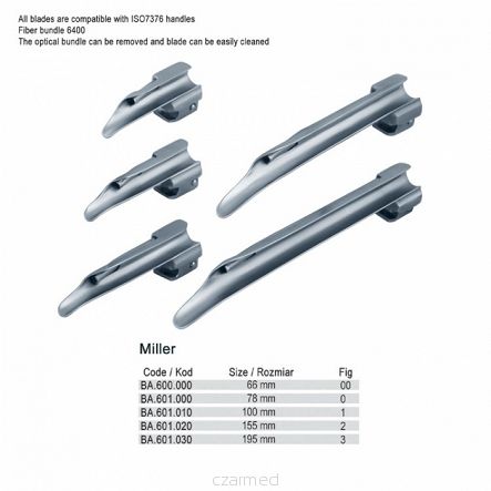 Miller Zestaw laryngoskopowy ze zintegrowanym światłowodem (rękojeść standard + łyżki fig.00, 0, 1, 2, 3)