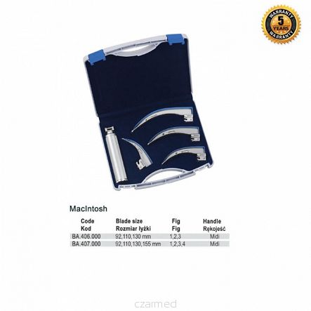 Zestaw laryngoskopowy z oświetleniem konwencjonalnym McIntosh z łyżkami fig.1 do 4 + Midi uchwyt