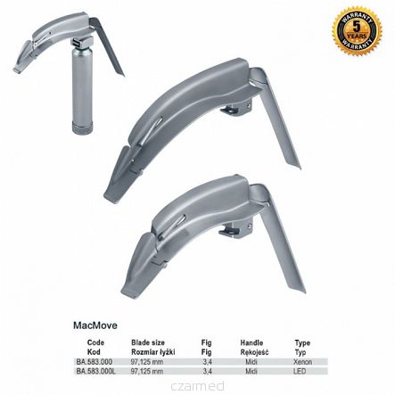 MacMove Zestaw laryngoskopowy z wymiennym światłowodem (rękojeść standard + łyżki fig.3, 4)
