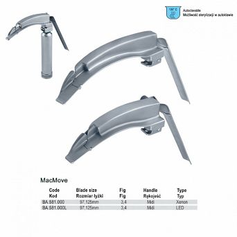 MacMove Zestaw laryngoskopowy ze zintegrowanym światłowodem (Max-Led rękojeść standard + łyżki fig.3, 4)