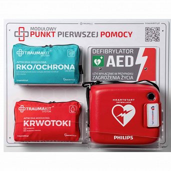 TRAUMA KIT Apteczka Modułowa ROSP+AK+AED z Defibrylatorem Philips FRx - Punkt Pierwszej Pomocy - Tablica 4+4 (jasny)