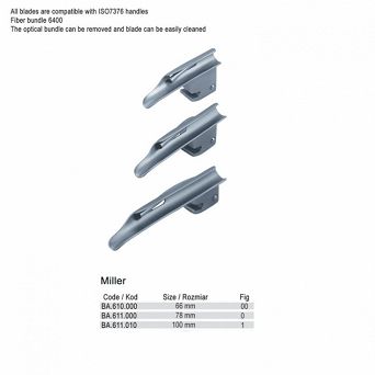Zestaw laryngoskopowy z wymiennym światłowodem Miller z łyżkami fig.00,0,1 + Mini uchwyt