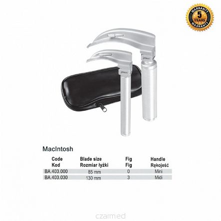 Zestaw laryngoskopowy z oświetleniem konwencjonalnym McIntosh z łyżką dla kobiet 130mm fig.3 + Midi uchwyt