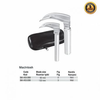 Zestaw laryngoskopowy z oświetleniem konwencjonalnym McIntosh z łyżką dla kobiet 130mm fig.3 + Midi uchwyt